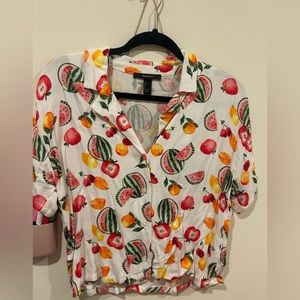 Fruit patterned cropped white button down